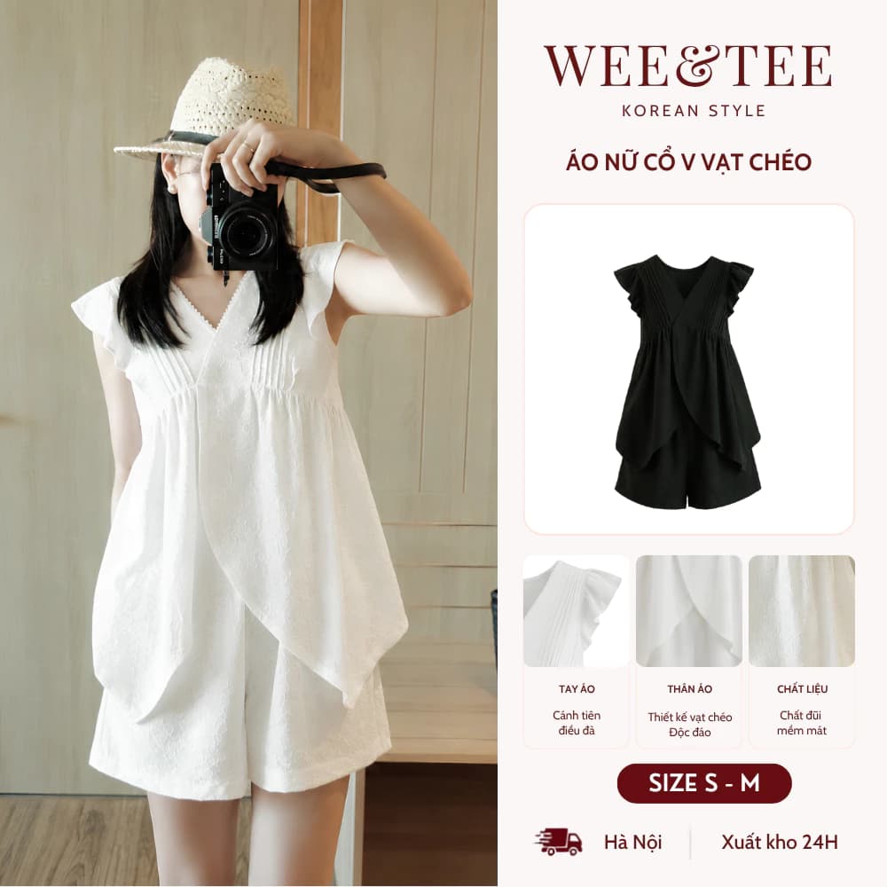 [SALE 9.9 GIẢM 40K] Áo Nữ Cổ V Phối Tay Cánh Tiên Vạt Chéo Chất Đũi Basic Thanh Lịch