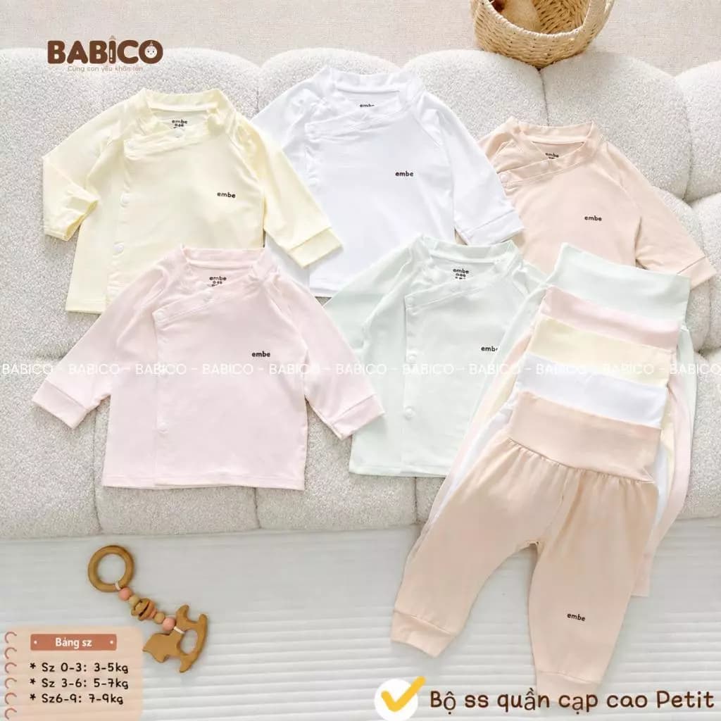 Bộ Quần Áo Dài Tay Sơ Sinh Cạp Cao Embe NT Vải Petit Thun Lạnh Pastel Mềm Mát Cho Bé 3-9kg