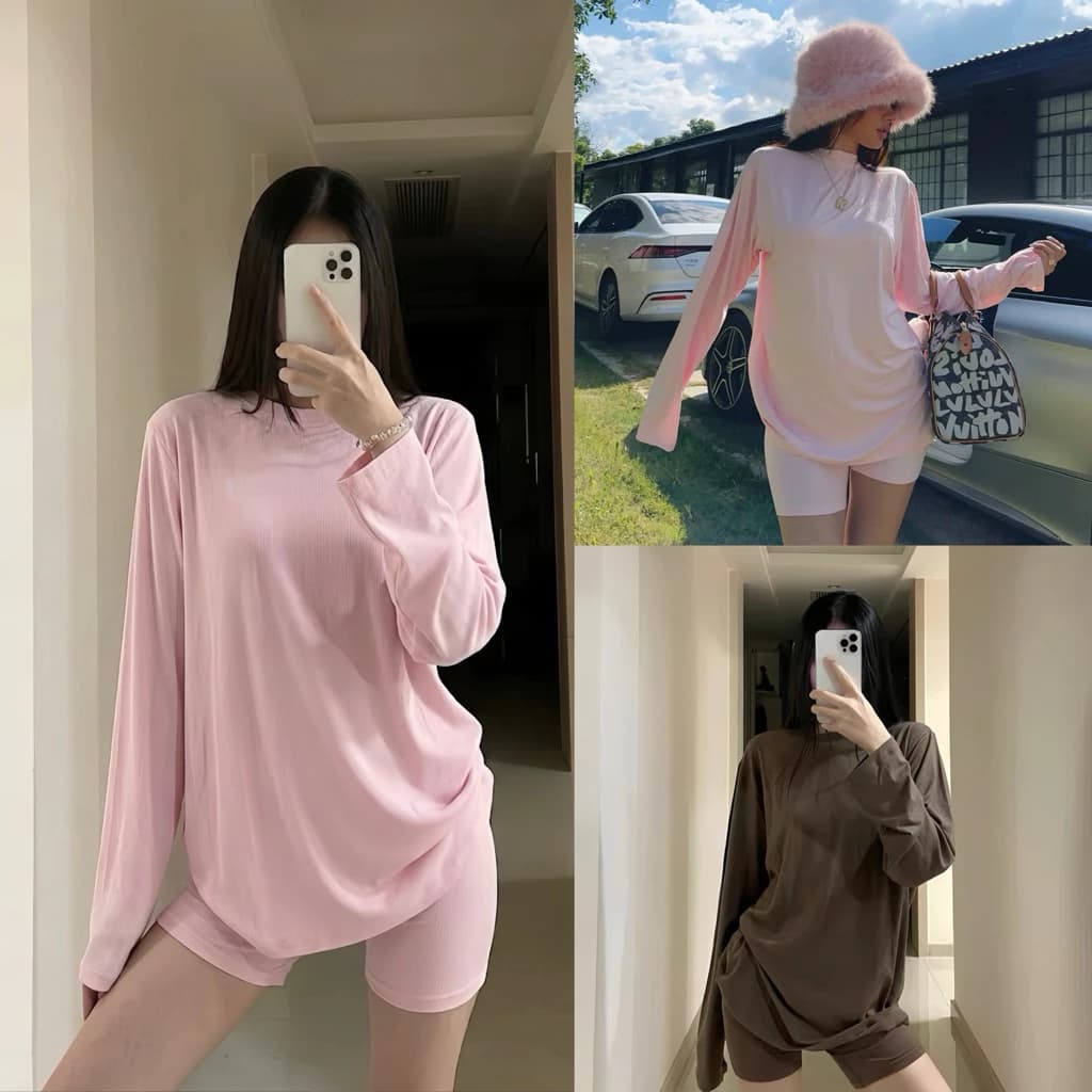 𝐂𝐡𝐚𝐫𝐥𝐨𝐭𝐭𝐞.𝐨𝐝_ Set Áo Thun Dài Tay + Quần Short Ôm Dáng Trơn Basic Mặc Nhà Ra Ngoài Thường Ngày Siêu Thoải Mái