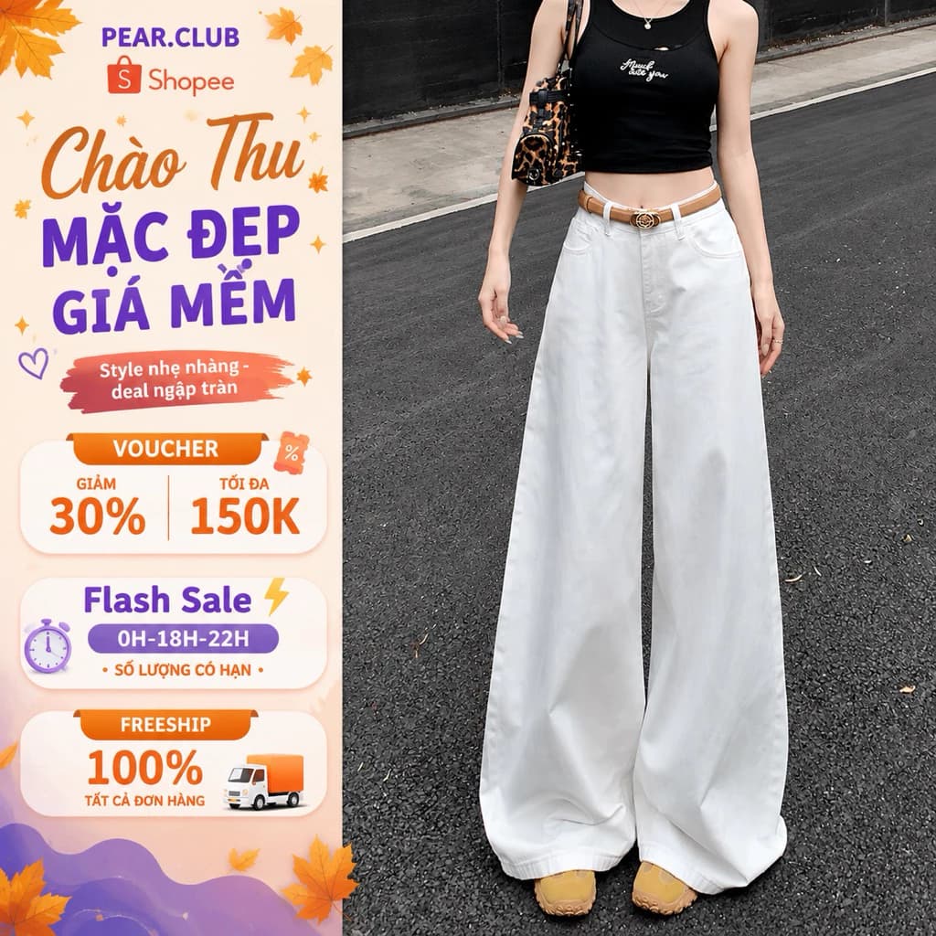 Quần ống rộng jean cạp cao PEARCLUB quần kaki jean dáng suông rộng màu trắng, mặc đi học đi chơi đi làm mùa thu đông Q20