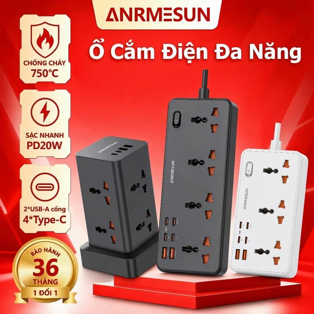 Ổ Cắm Điện Đa Năng ANRMESUN Công Suất 2400W Chống Cháy An Toàn  Kết Hợp Cổng USB/ TypeC Sạc Nhanh 20W  Có Cầu Chì
