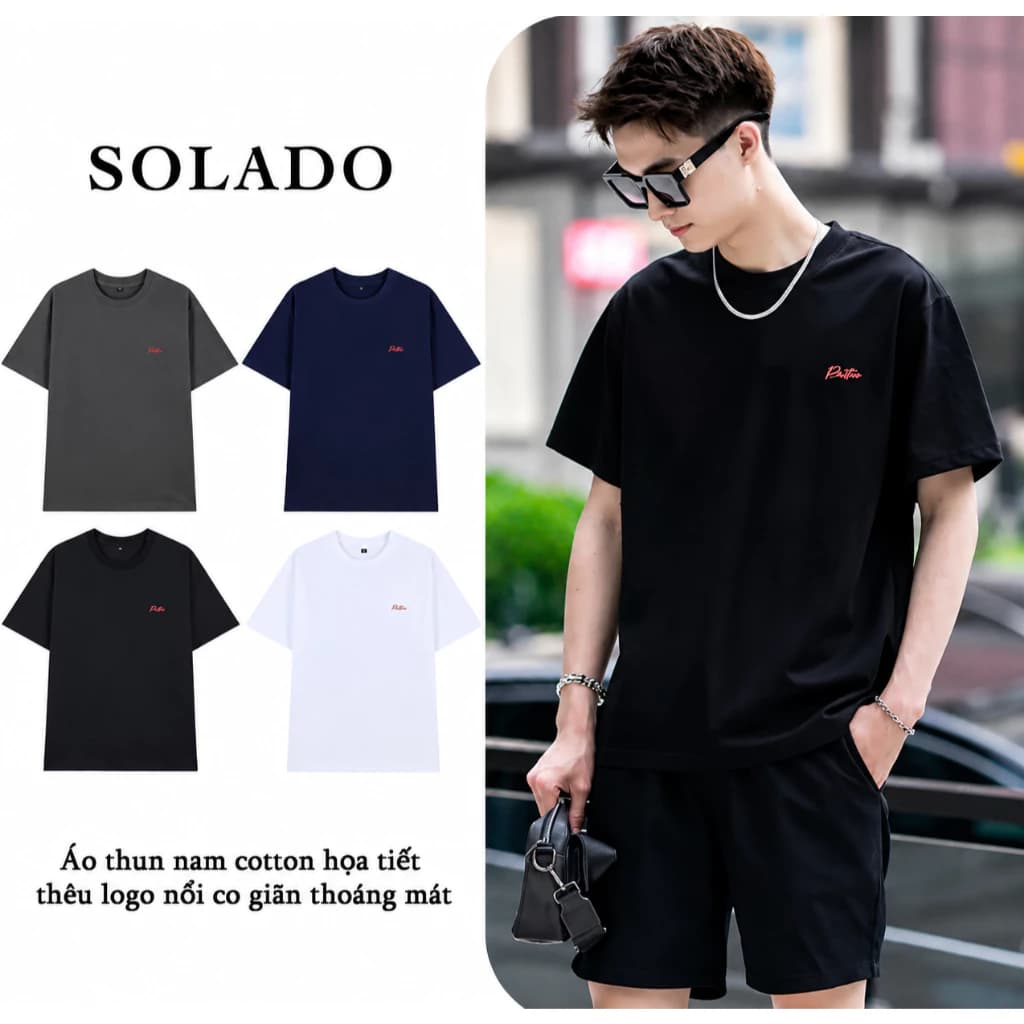 COMBO 2 Áo Thun Nam Nữ SOLADO Cổ Tròn Vải Cotton 250gsm Thoáng Mát Co Gian Họa Tiết Thêu Logo Nổi AT05