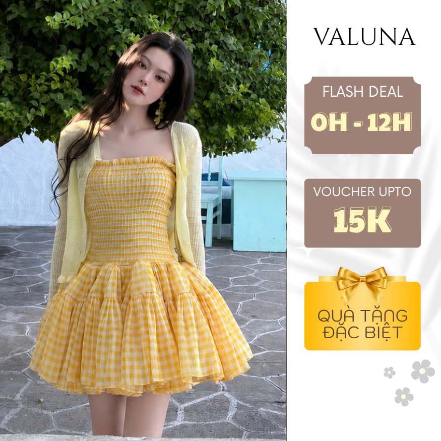 Váy caro vàng cúp ngực dáng xòe phối áo khoác mỏng nữ đi biển du lịch trẻ trung VALUNA STORE 2739