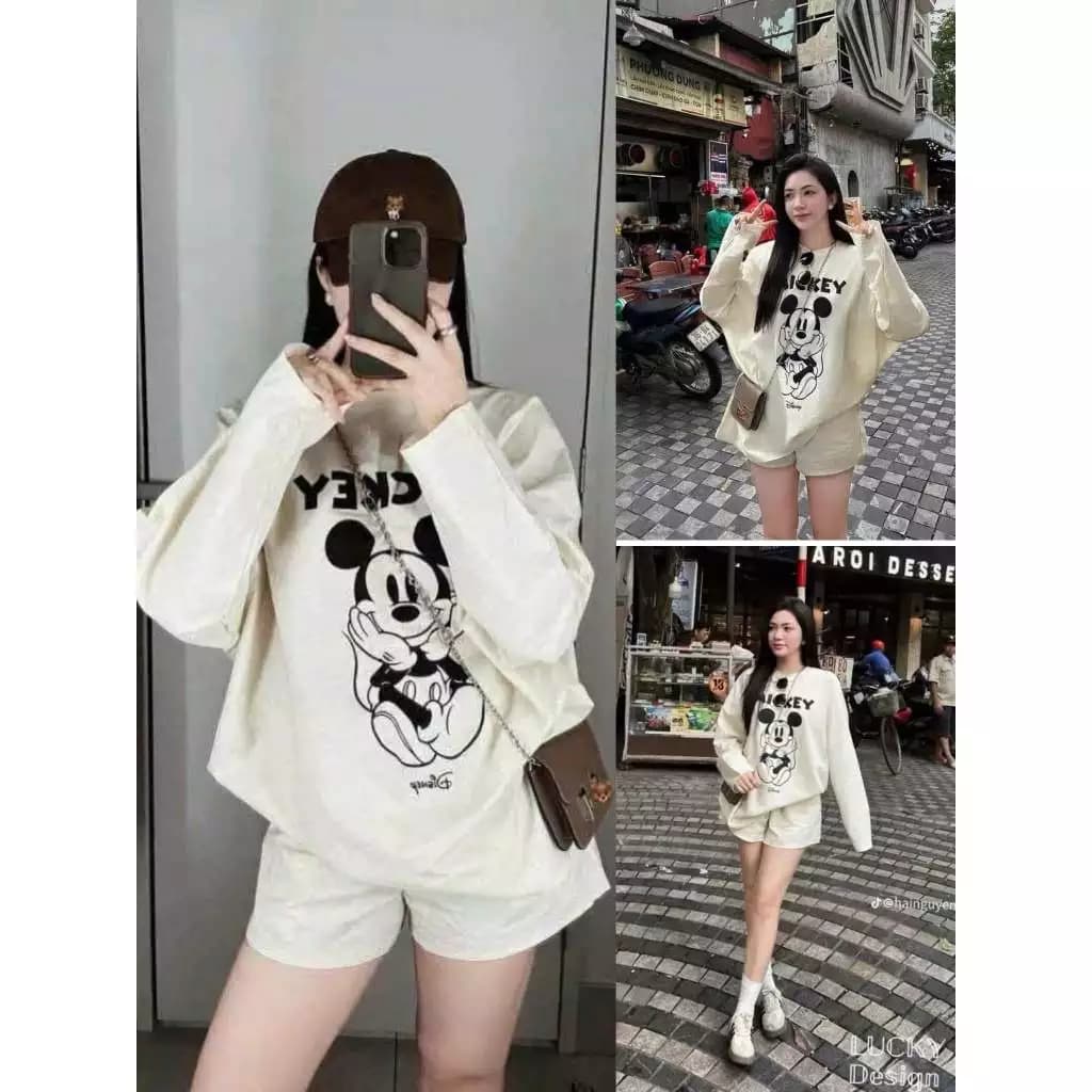 Set Bộ Nỉ Bông Nữ In Hình Mickey, Áo Nỉ Sweater Màu Be Kem Kèm Quần Nỉ Dáng Ngắn Short Ulzzang