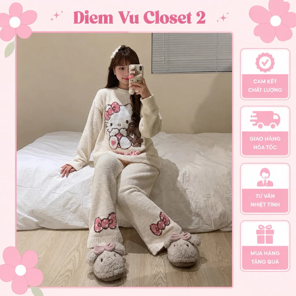 (HÀNG CÓ SẴN) Set pijama bông lông nhung, bộ đồ ngủ chất lông giữ ấm mùa đông, đồ mặc nhà chất bông dày style Hàn Quốc