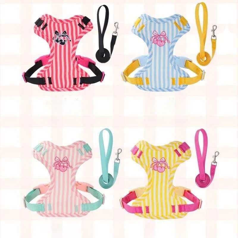 Dây Dắt Cho Chó Mèo, Dây Dắt Cho Thú Cưng Thêu Kèm Gấu Charm Dễ Thương, Dây Dắt Sọc Hiha Pets