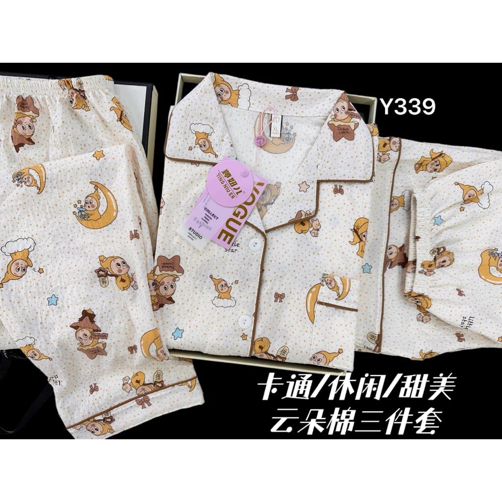 [ COMBO BỘ 3 MÓN ] Bộ Đồ Ngủ Nữ 3 Món: Áo + 2 Quần Nhiều Họa Tiết, Vải Co Giãn Thoáng Mát, Hàng QC