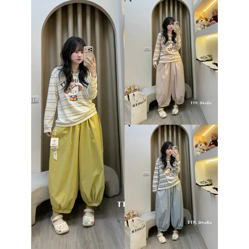 Set bộ áo thun kẻ in MICKY phối quần dài bí mềm mát nhẹ nhàng mặc ngủ ở nhà đi chơi
