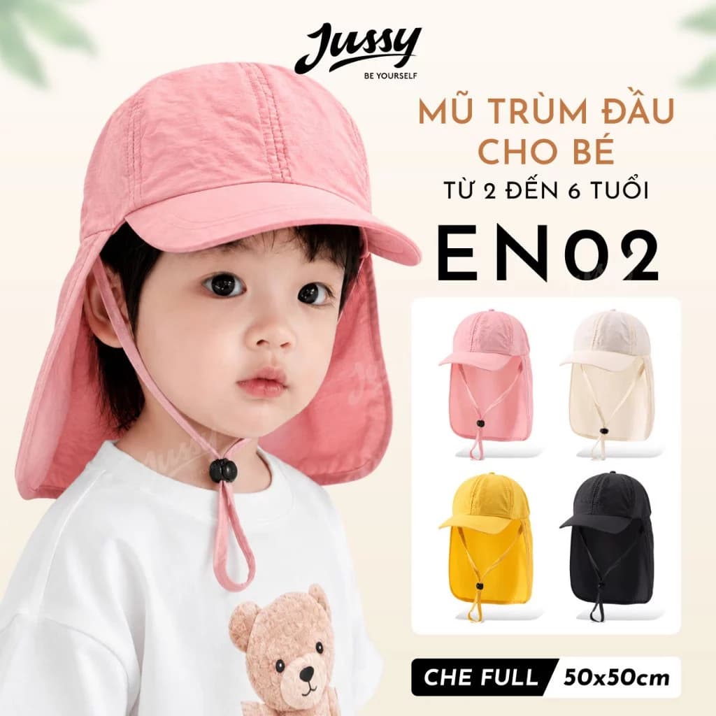 Mũ Trùm Đầu Chống Nắng Cho Bé 2-6 Tuổi EN02 Jussy Official Mũ Lưỡi Trai Vải Dù Chống Thấm Nước Che Cổ Gáy Thoáng Khí
