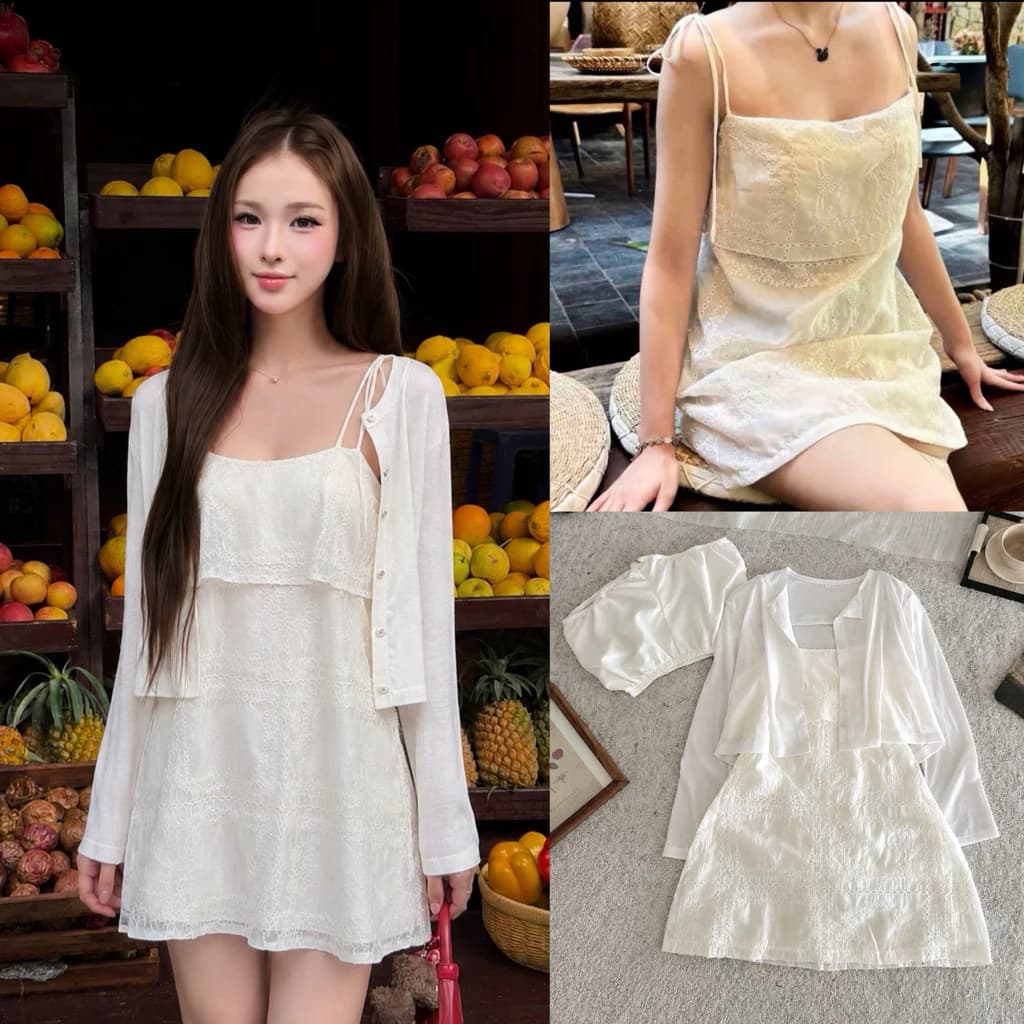 [Hàng Chuẩn QC] Set váy 2 dây đũi xốp mềm dập hoa nổi kèm áo khoác cardigan mỏng A3154