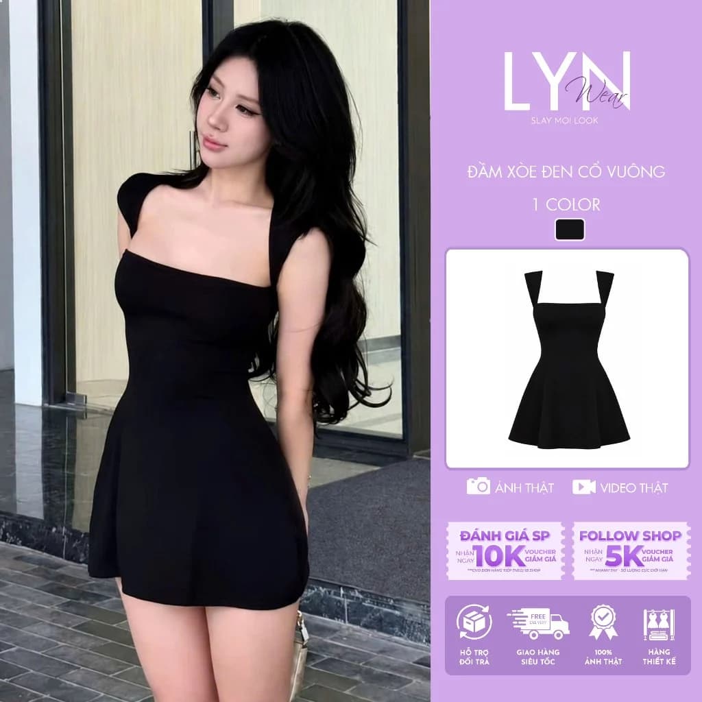 | LYN WEAR | (HOẢ TỐC) Đầm Xòe Đen Cổ Vuông Hai Dây Bản To Ôm Eo Tôn Dáng Váy Ngắn Nữ