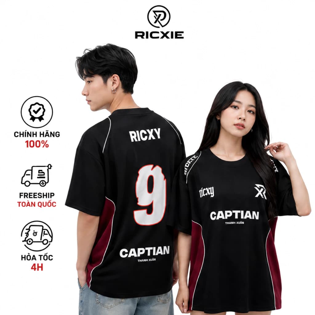 Áo Thun RICXY From Rộng "số 9"chất liệu Mè Karo Top Cổ Tròn Nam Nữ Unisex Menswear