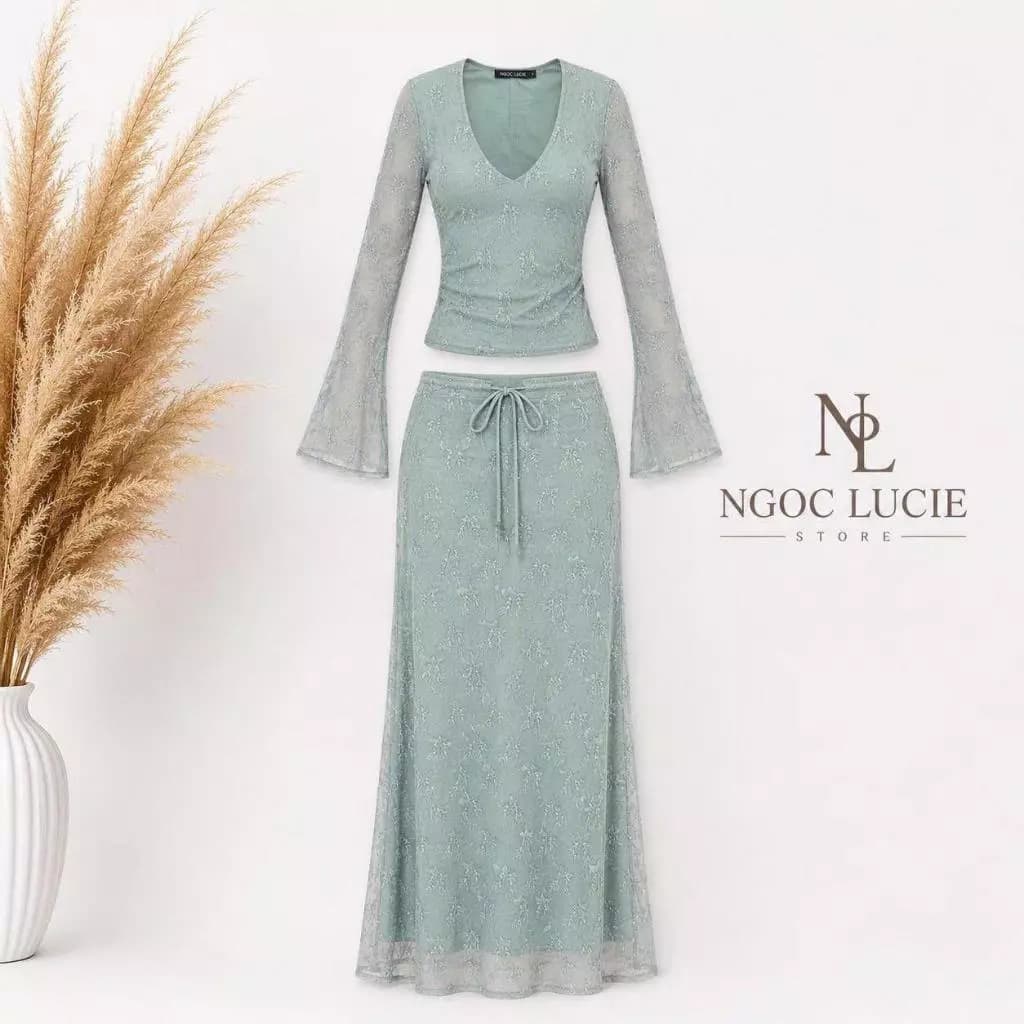S364 - Set Áo Ren Tay Loe Cổ V Chân Váy Dài Đồng Bộ Họa Tiết Hoa Ren Sang Trọng Ngọc Lucie