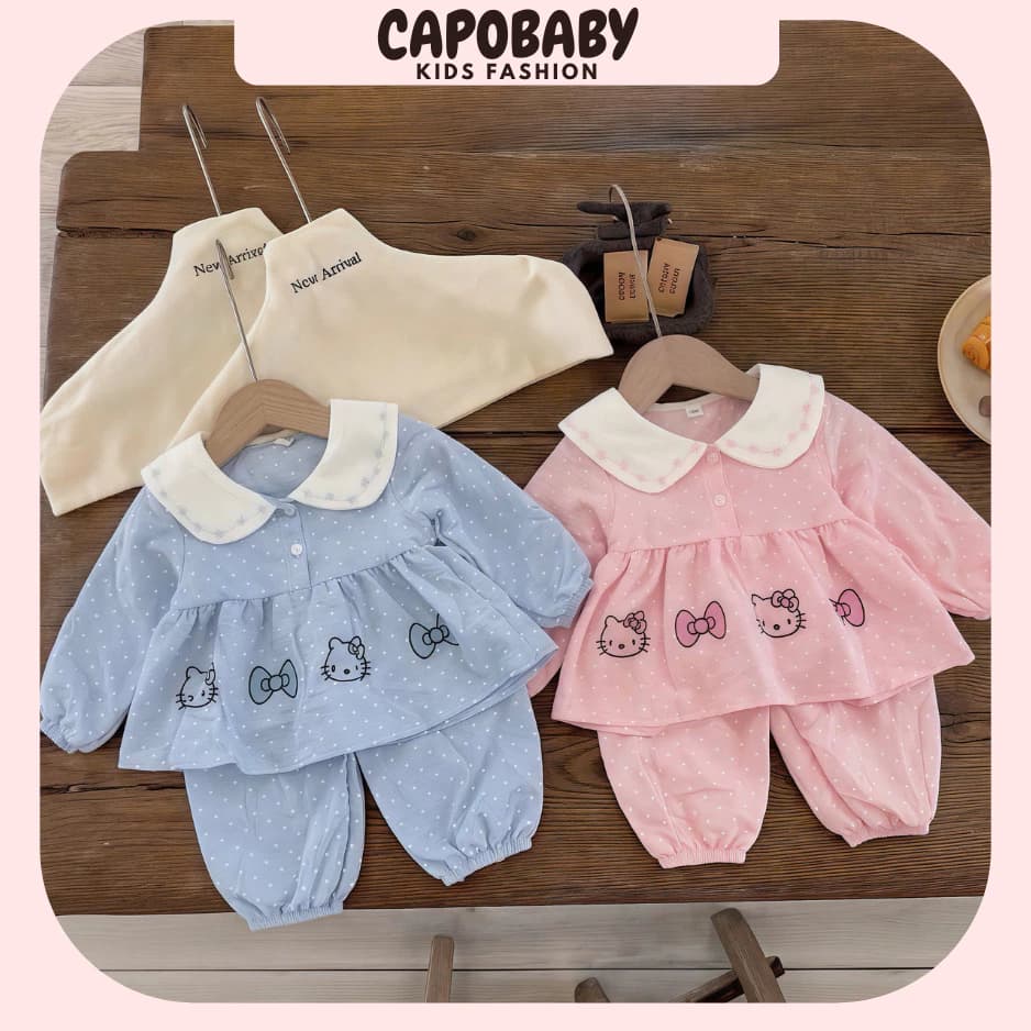 Bộ Quần Áo Bé Gái Kitty Chấm Bi Cổ Sen Dài Tay Cotton Mềm Màu Hồng-Xanh [BBD05]