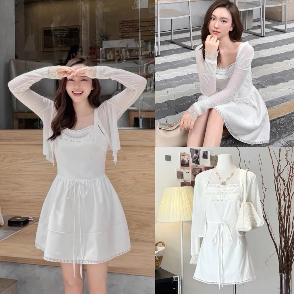 [Hàng Loại 1] Set váy 2 dây thô bản to dây thắt eo kèm áo cardigan tay phối ren siêu xinh - S3837