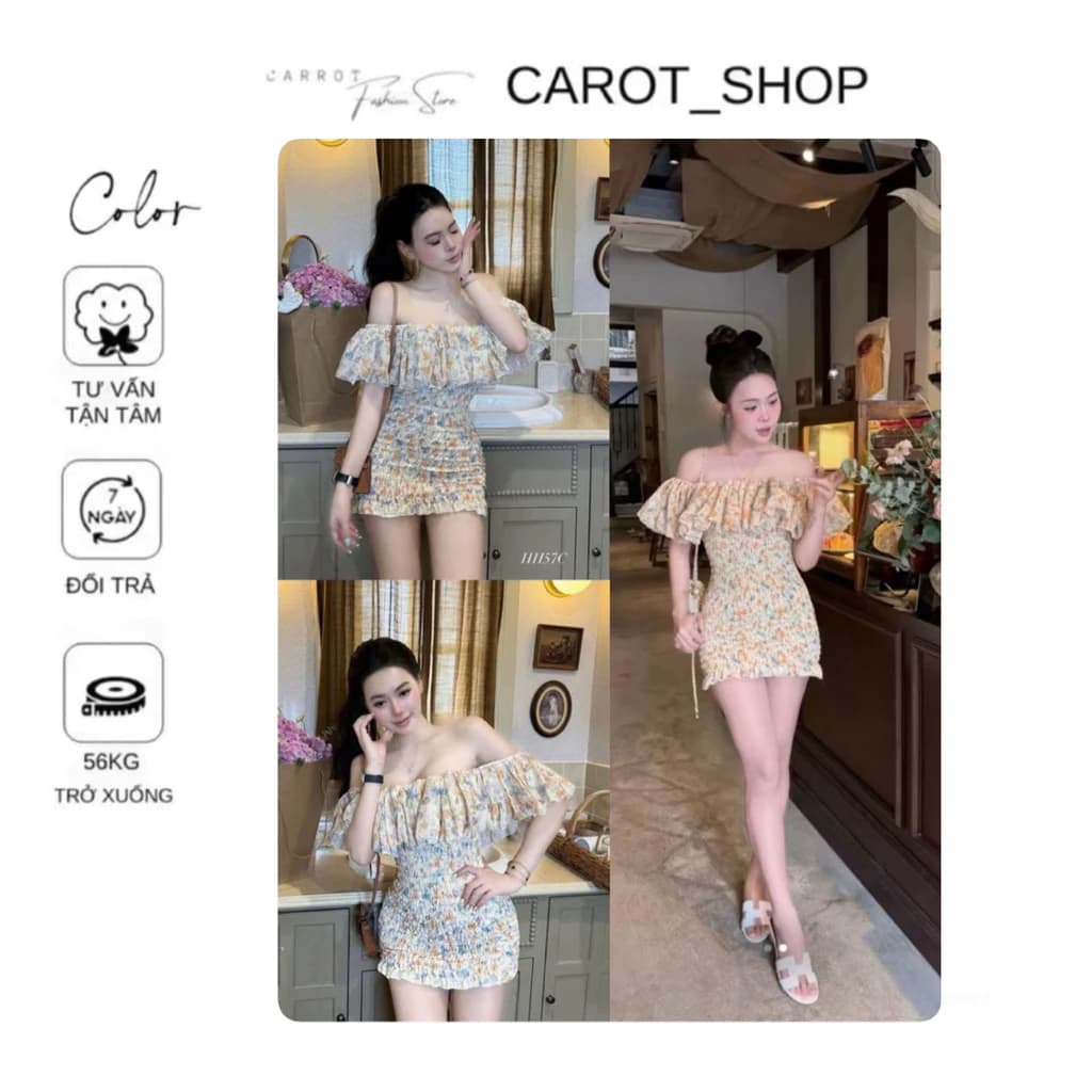 ( BIGSIZE ) VN145 Đầm body hoa nhí vàng tôn 3 vòng daily dáng trễ vai bèo dễ thương by CarrotShop
