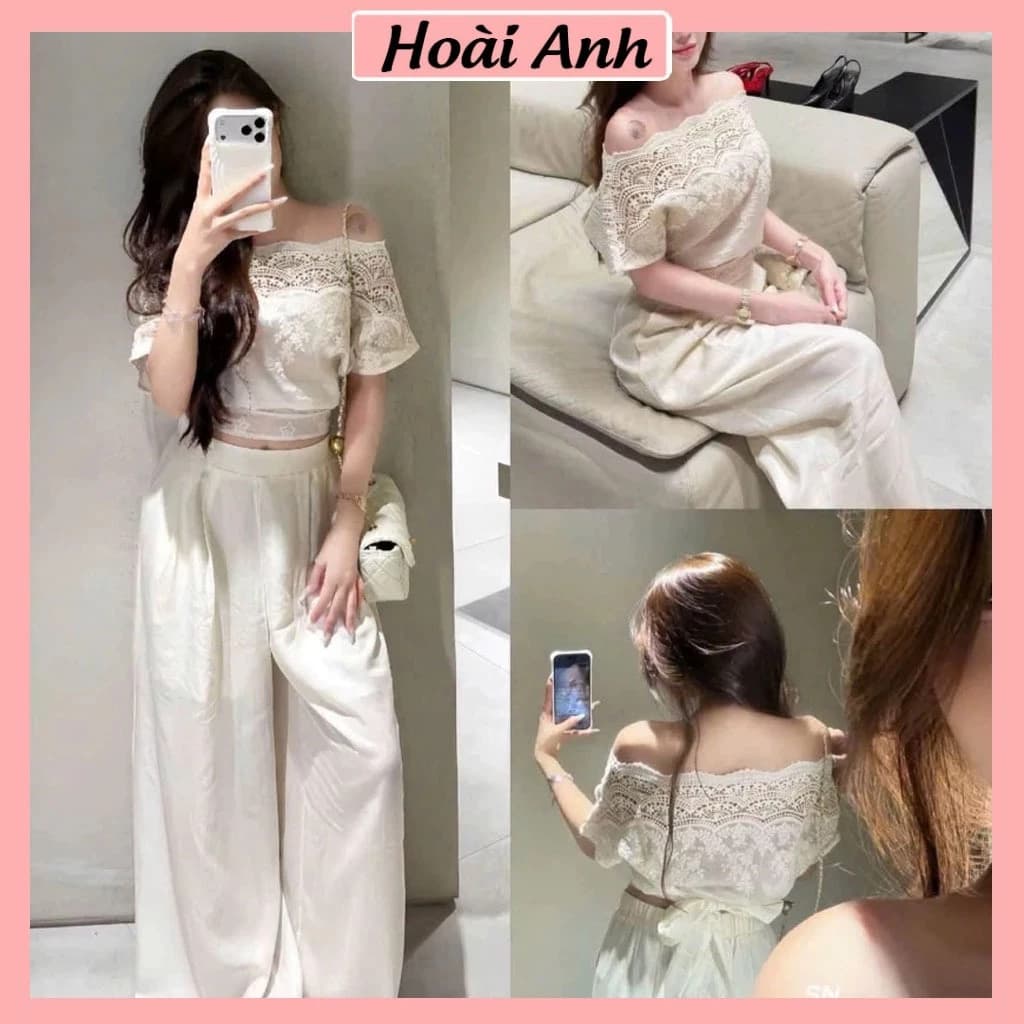 Set Bộ Đồ Nữ Áo Trễ Vai Phối Viền Ren Thô Boy Nơ Lưng Đính Nổi Mix Quần Suông Dài Ống Rộng