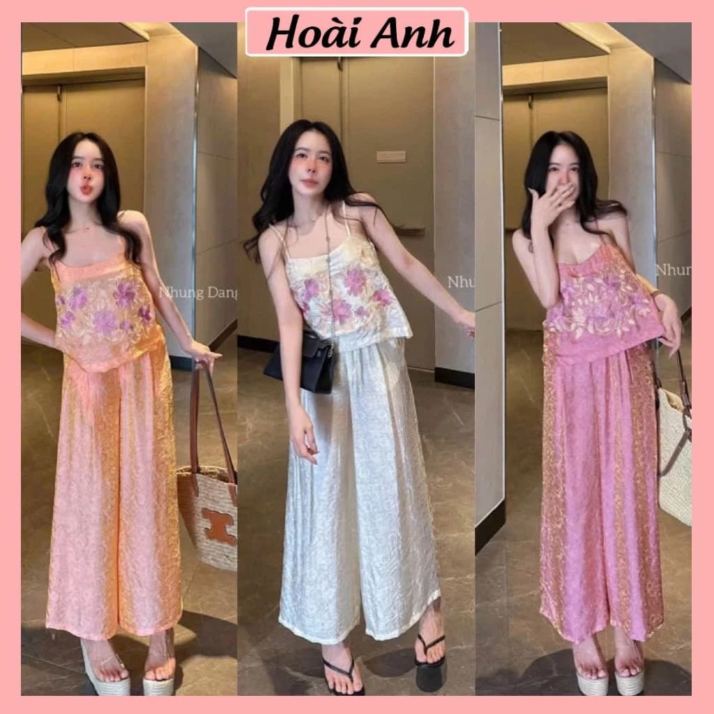 Set Bộ Đồ Nữ Lụa Gấm Áo 2 Dây Thêu Hoa Dáng Lửng Mix Quần Suông Dài Ống Rộng