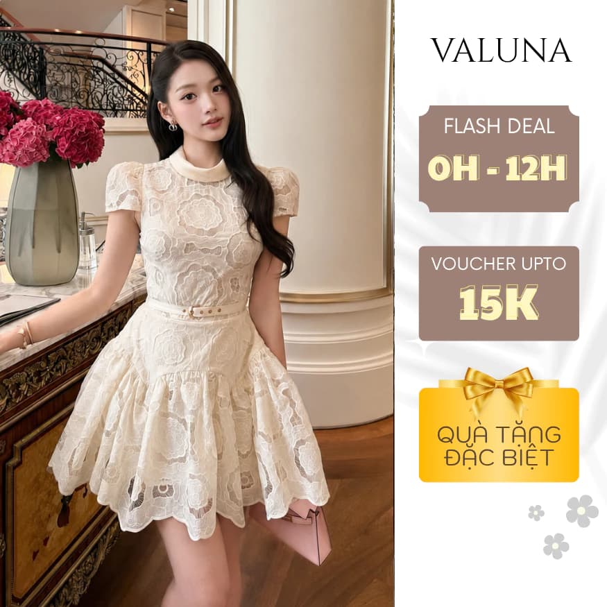 Váy ren hoa cao cấp dáng xòe eo phối đai cổ cao tay bồng sang trọng dự tiệc nữ VALUNA STORE 2740