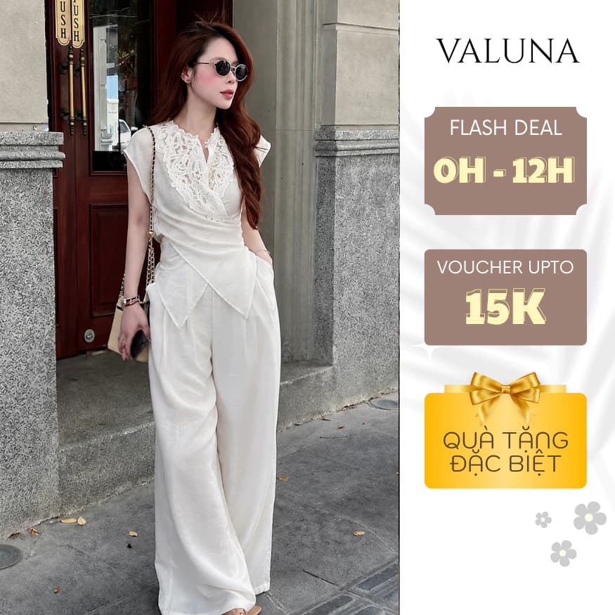 Sét áo phối ren cao cấp quần suông ống rộng thanh lịch công sở dạo phố nữ đẹp VALUNA STORE 2741