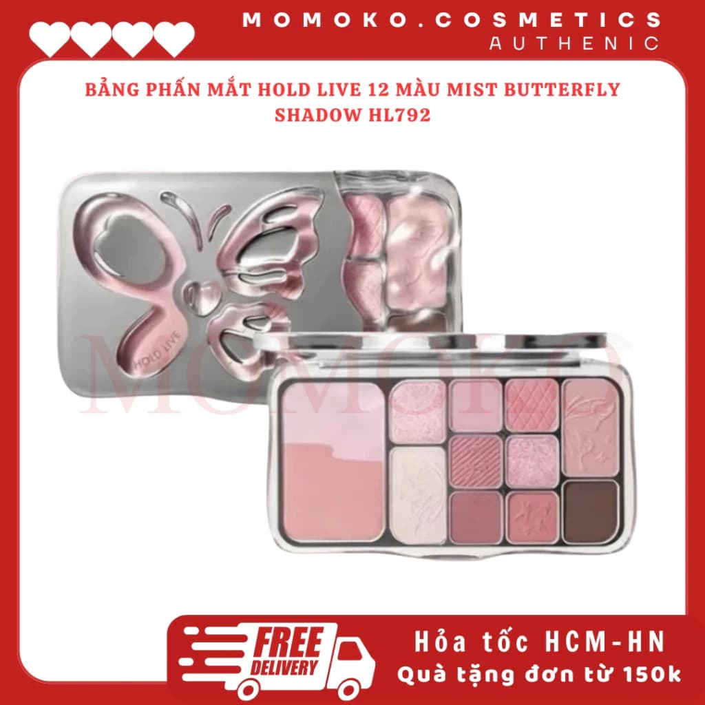 Bảng Phấn Mắt Hold Live 12 Màu Tone Hồng Lì Nhũ Đa Năng Lâu Trôi Mist Butterfly Shadow HL792 MOMOKO.cosmetics