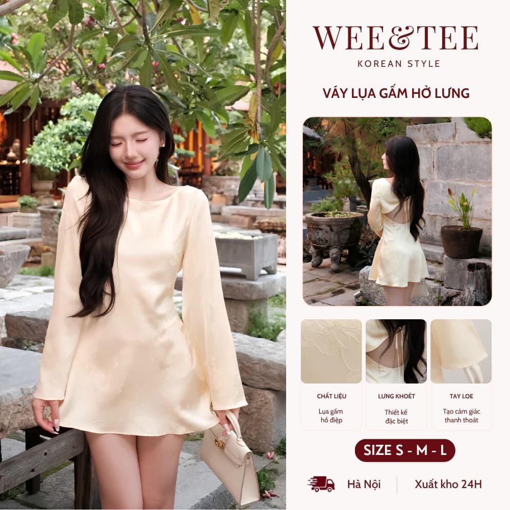 [MỞ BÁN GIẢM 30K] Váy Lụa Cổ Thuyền Dáng Ngắn, Đầm Nữ Hở Lưng Tay Loe Sang Chảnh
