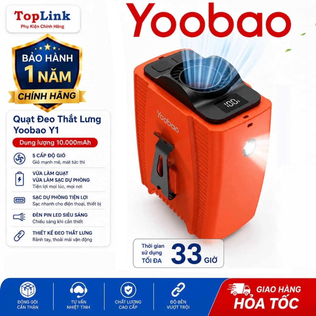 Quạt Tích Điện Đeo Thắt Lưng Yoobao Y1 10.000mah Kiêm Sạc Dự Phòng Đèn Pin Sử Dụng Tối Đa 33h 5 Mức Gió