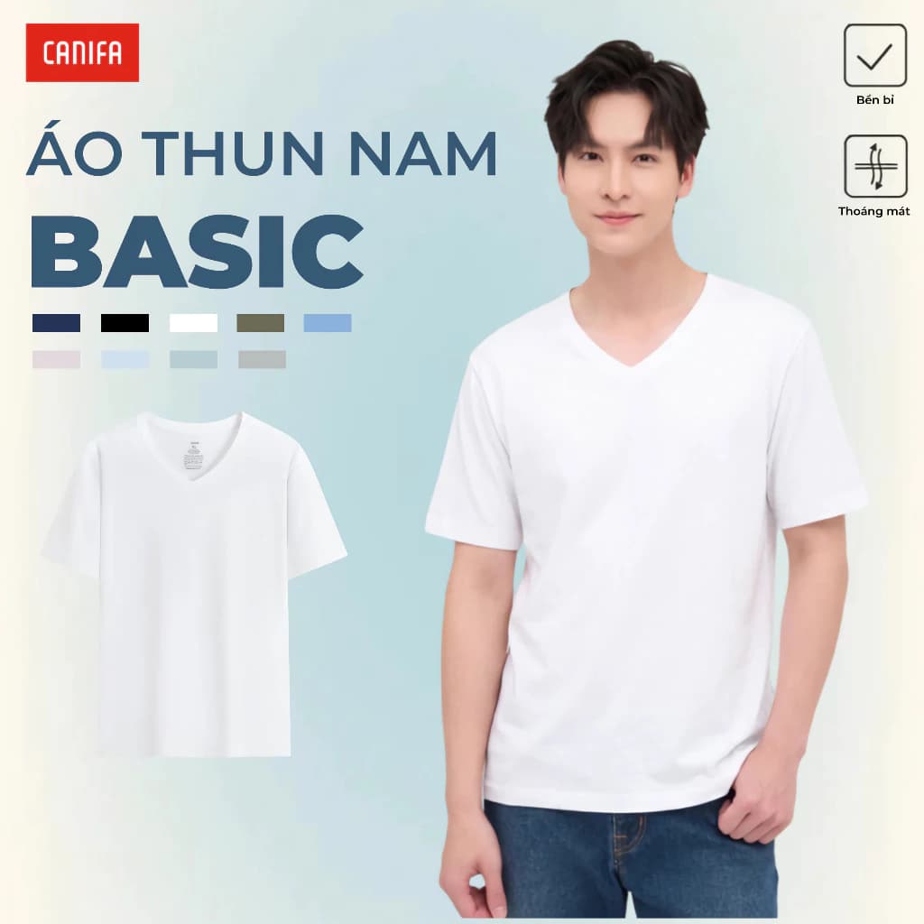Áo phông nam cổ tim CANIFA áo thun trơn basic cotton USA dáng rộng 8TS26A001