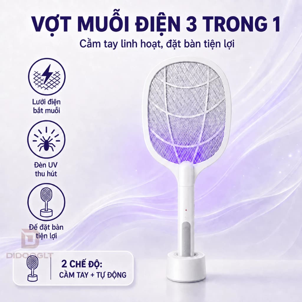 Vợt Muỗi Tự Động 3in1 Kiêm Đèn Bắt Muỗi Thông Minh 1200mAh Sạc Tích Điện Tiện Lợi DIDOOGLT