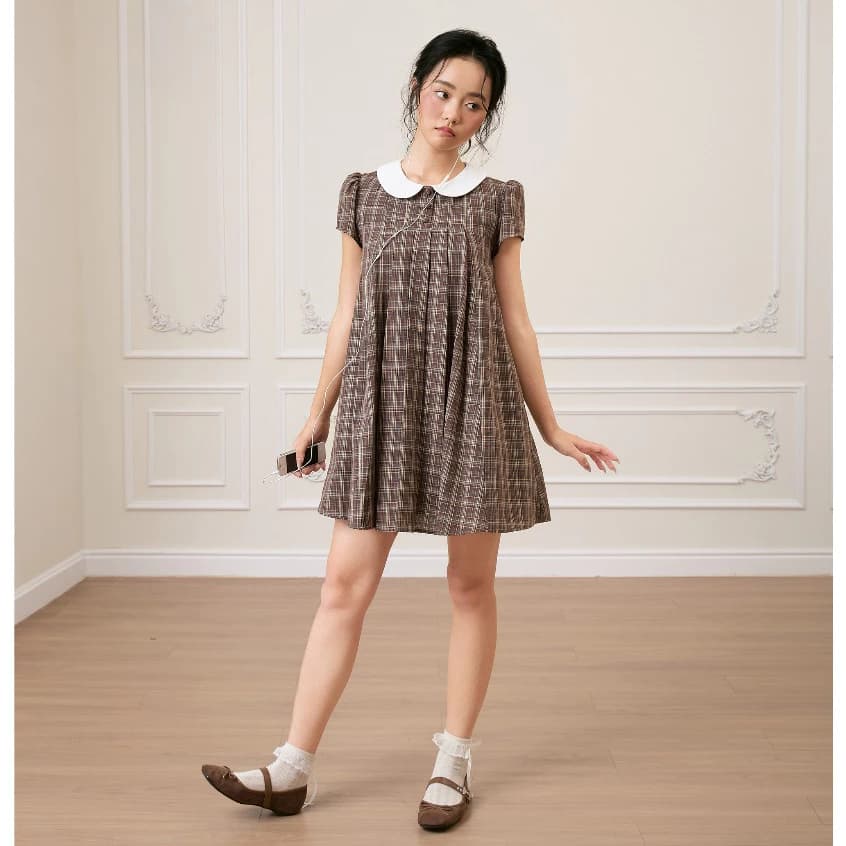 Đầm babydoll caro cổ sen THE C.I.U, đầm cotton sọc kẻ tay phồng xếp ly - Nancy Dress