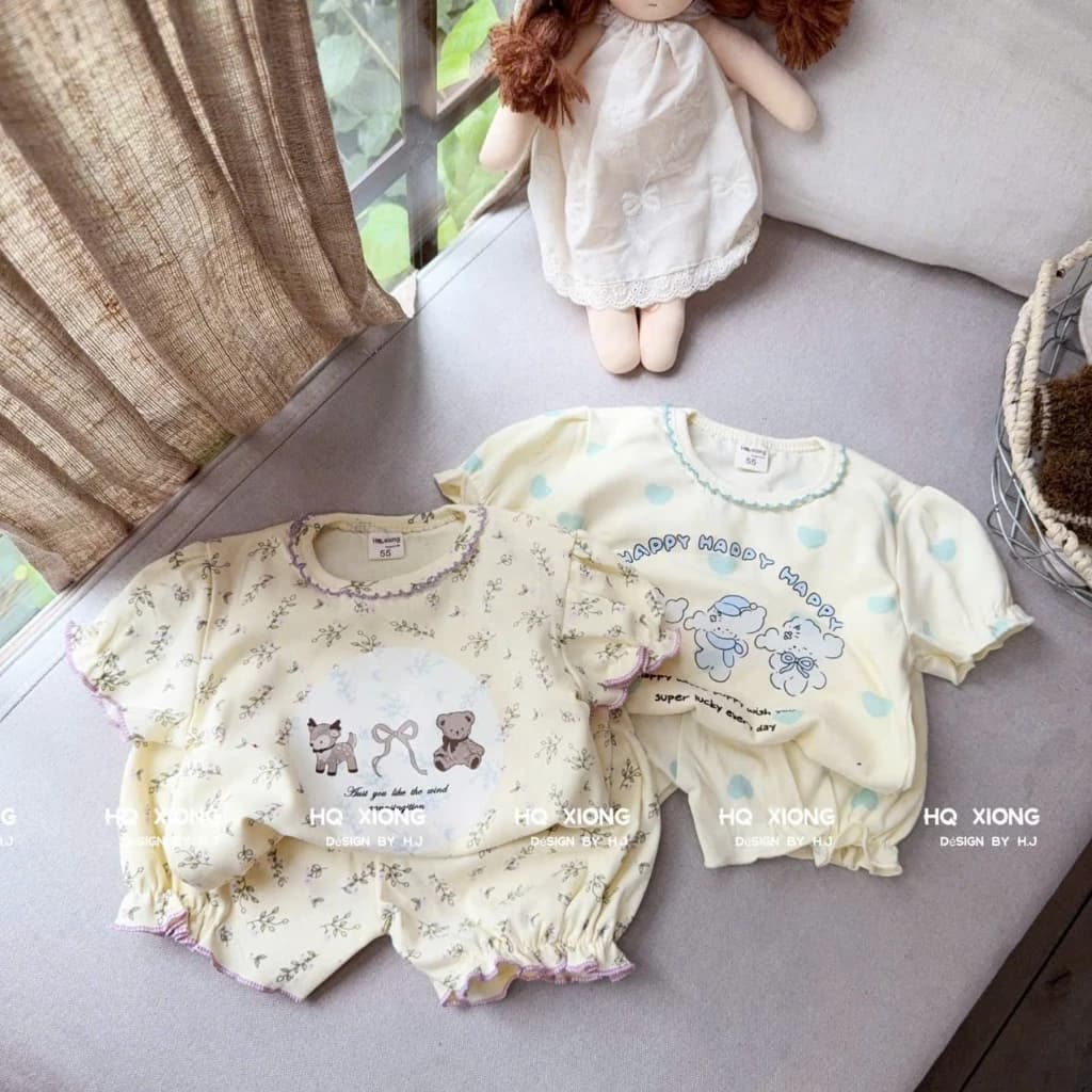 Bộ Thun Cotton Ngắn Tay Moonie Bé Gái Bèo Nhún Mềm Mại Cực Xinh Cho Bé Yêu Size Từ 6 - 15 kg