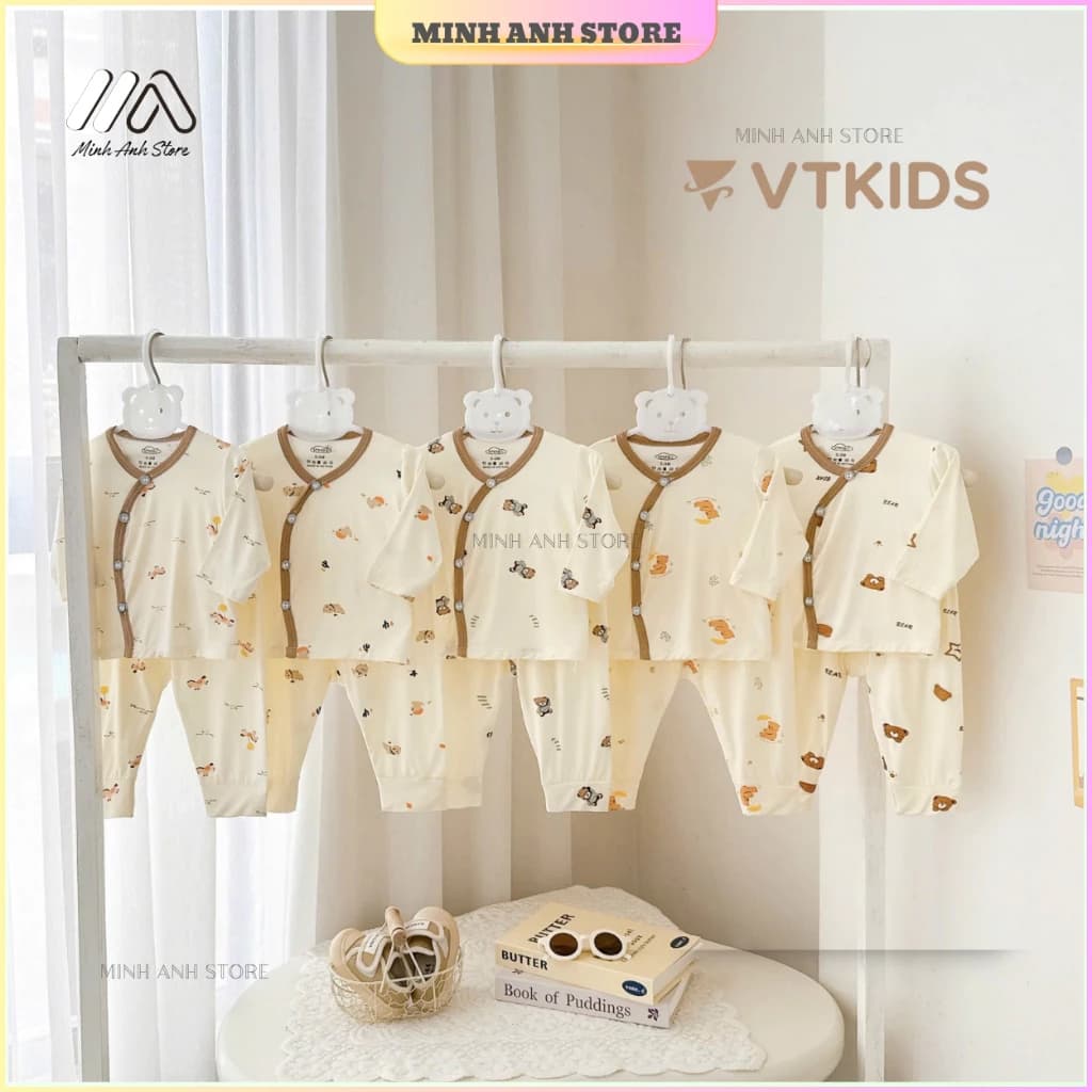 [Set 2/3/5] Bộ dài tay cho bé vải thun lạnh khuy chéo màu kem quần đáp đũng size từ 3-9kg VT DLK03