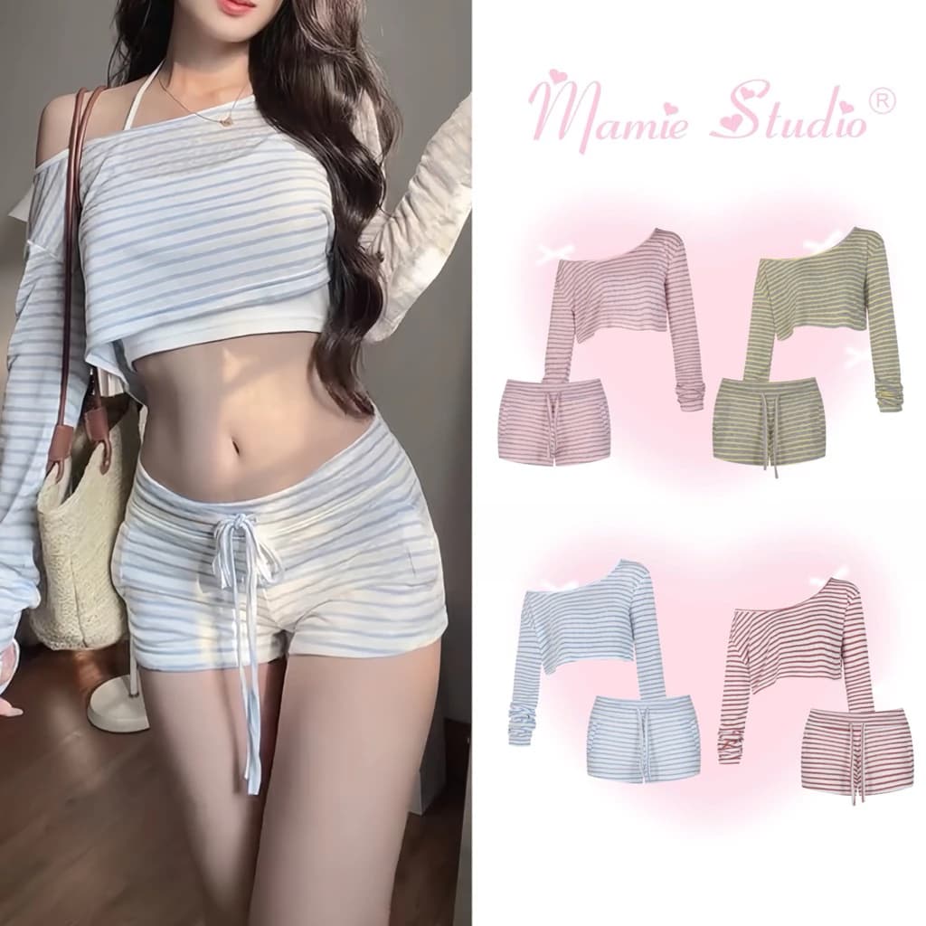 Set Sọc Mỏng Croptop Tay Dài & Quần Short Cạp Thấp, Tặng Yếm Khi Mua Bộ