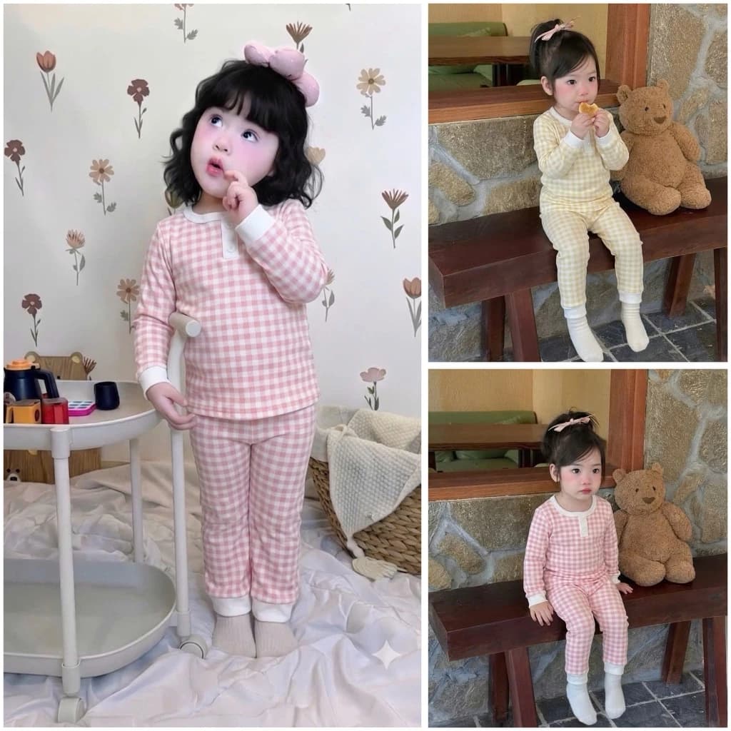 Bộ quần áo dài tay Kẻ Caro thu đông mặc nhà, bộ ngủ cho bé phong cách Hàn quốc