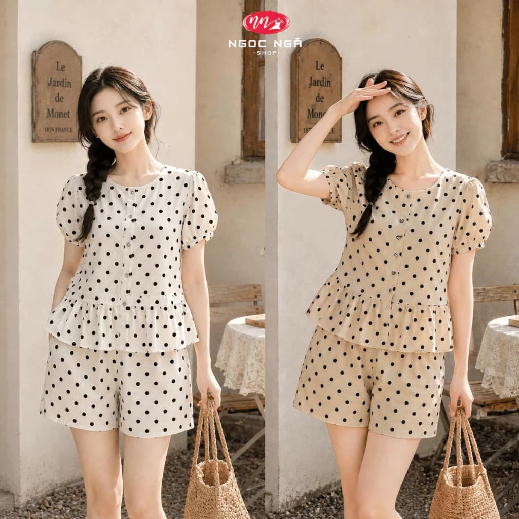Set nữ KELIVY Linen họa tiết chấm bi cộc tay quần đùi - trẻ trung, hiện đại - 26154