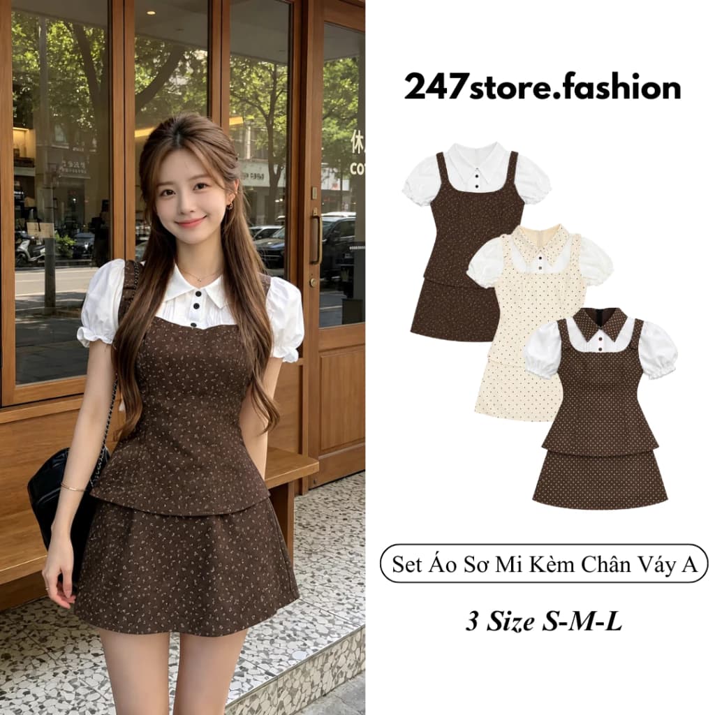 Set Đồ Nữ Áo Sơ Mi Tay Bồng Kèm Chân Váy A Họa Tiết Xinh Xắn Style Hàn Quốc Đi Chơi Mùa Hè 247Store