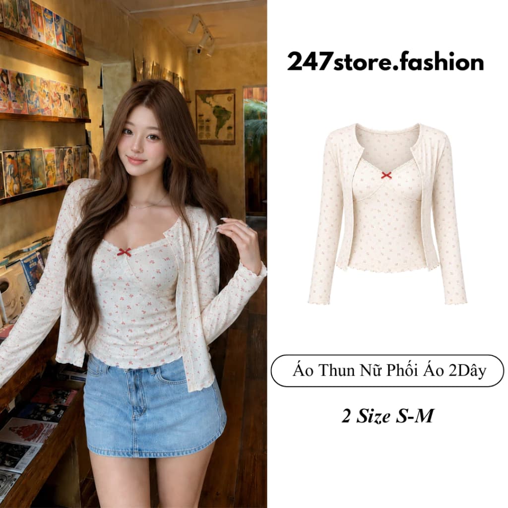 Set 2 Món Áo 2s Dây Kèm Cardigan Hoa Nhí Nữ Phối Ren, Set Áo Nữ 2 Món Mỏng Mềm Co Dãn 4 Chiều A269 247store