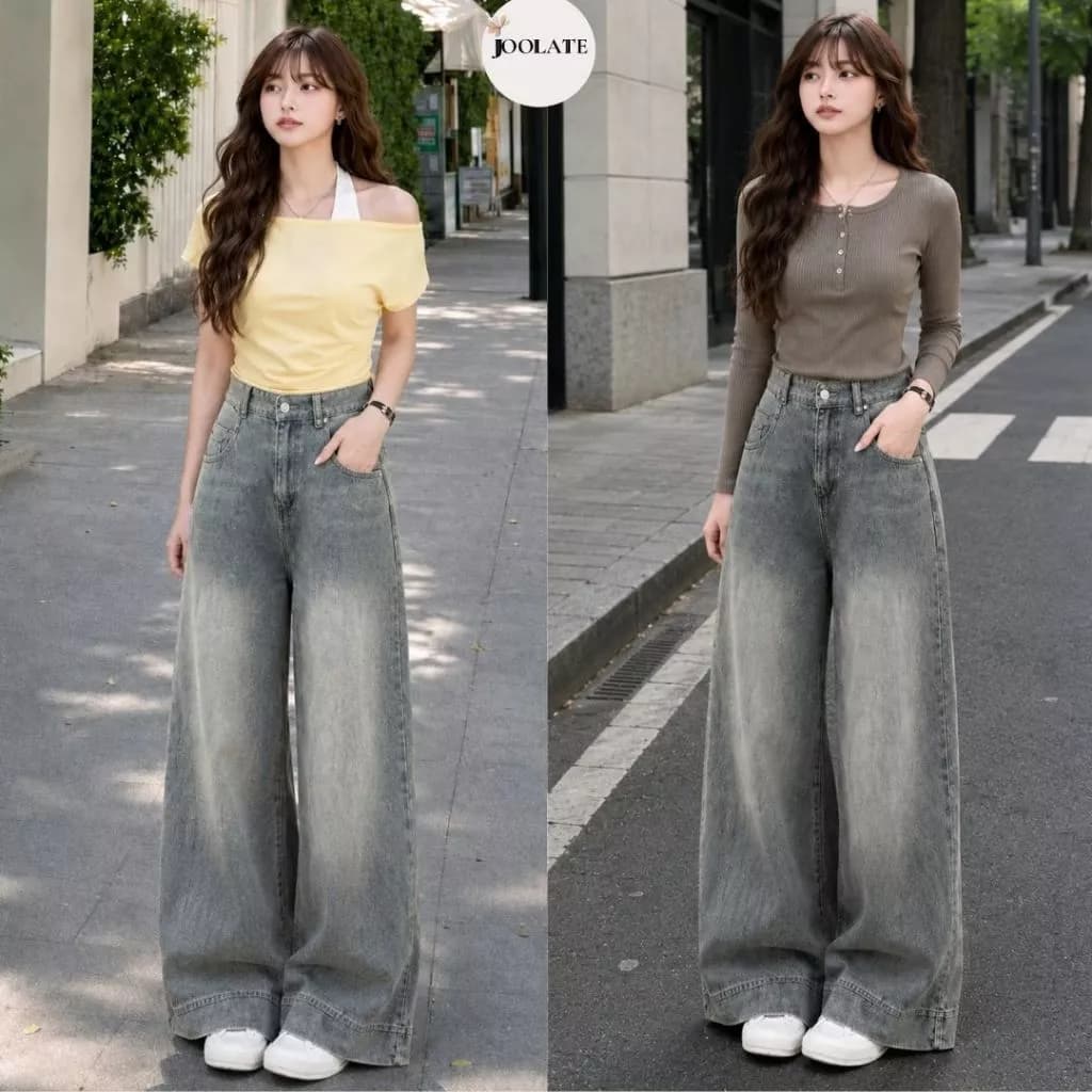 Quần jeans Joolate ống suông rộng màu xanh retro túi lệch hack eo Jeangauto