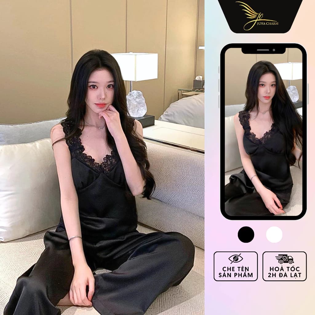 Bộ Ngủ 2 Dây Quần Dài, Đồ Mặc Nhà JUNA Freesize Thời Trang Đồ Ngủ Dành Cho Nữ Chất Lụa Phối Ren Cao Cấp, Màu Đen/SPT8509