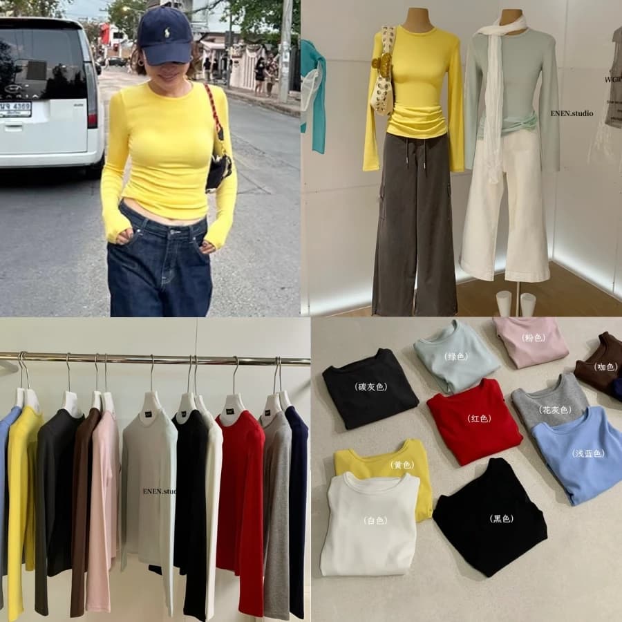 WGWE Studio Áo Thun Nữ Tay Dài Dáng Ôm Body, Cotton Co Giãn Hack Dáng 10919