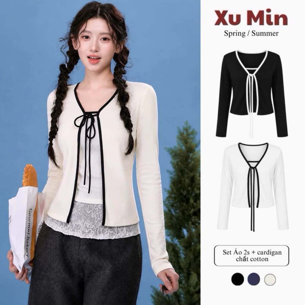 Set Áo Xu Min Min ( 2s Viền + Áo Khoác Cardigan) Chất Liệu Cotton Zip Thích Hợp Thời Tiết 4 Mùa ( Set Áo Viền )
