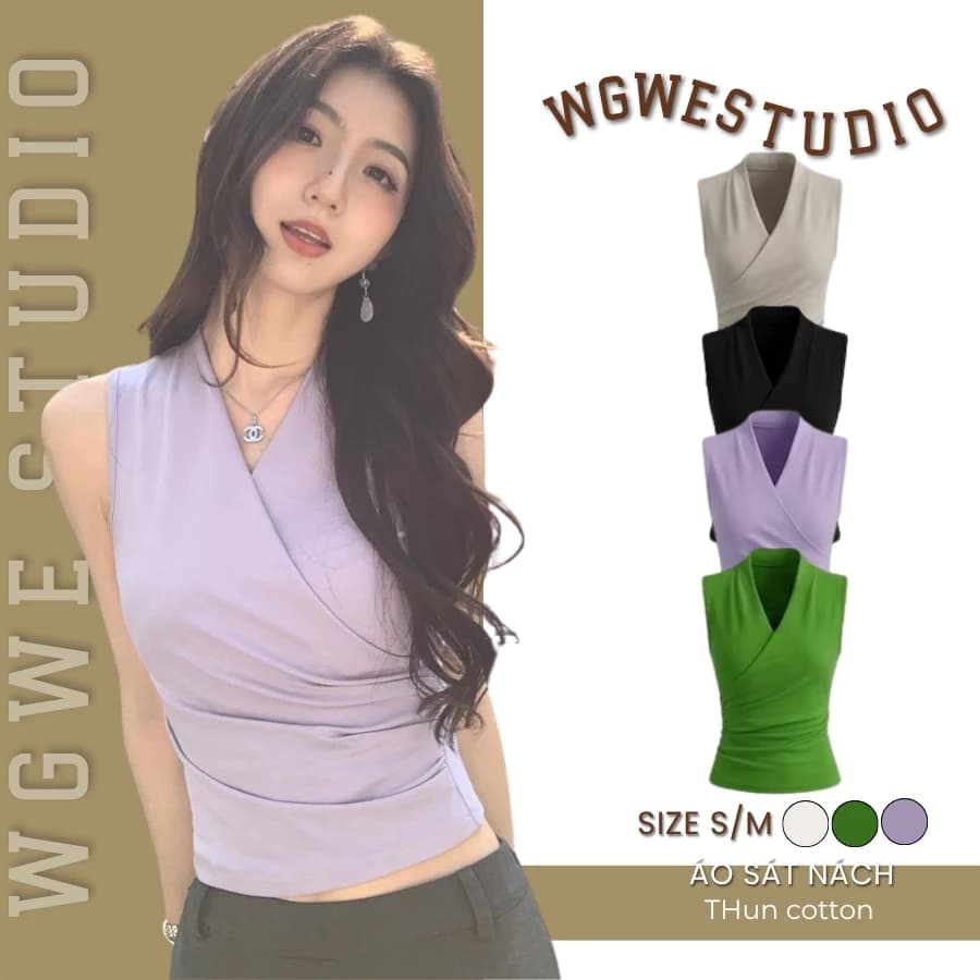WGWE Studio Áo Thun Sát Nách Nữ Cổ Chéo Dúm Eo - Áo Ba Lỗ Cotton Trơn Ôm Body Co Giãn 10486