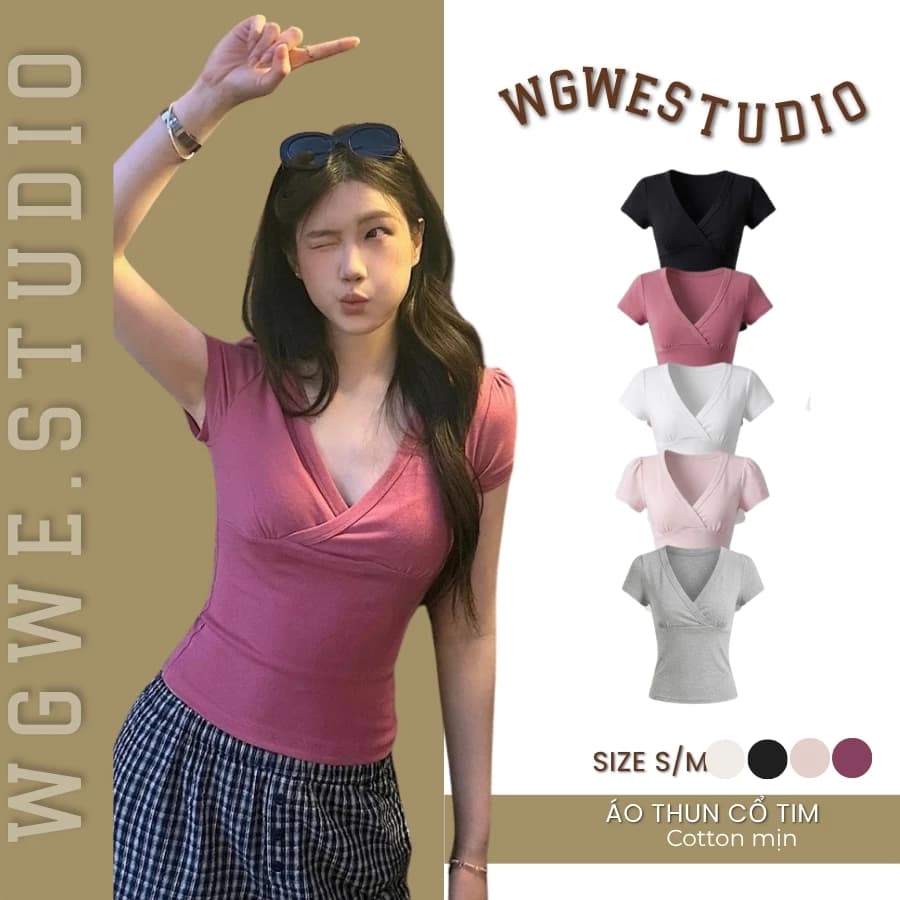 WGWE Studio Áo Thun Cổ V Tay Ngắn Chéo Ngực - Cotton Ôm Body Co Giãn Basic 9773