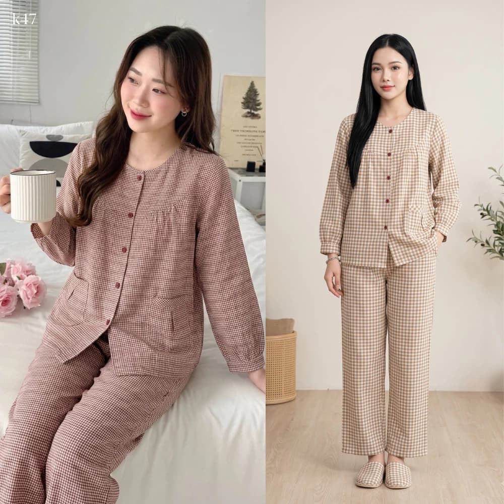 K47- Đồ Mặc Nhà Đẹp - Đồ Pijama Nữ SUNA Kẻ Caro Chất  Mềm Mịn, Thấm Hút Mồ Hôi, Thoải Mái, Quần Dài Có Túi, Xếp Ly Ngực