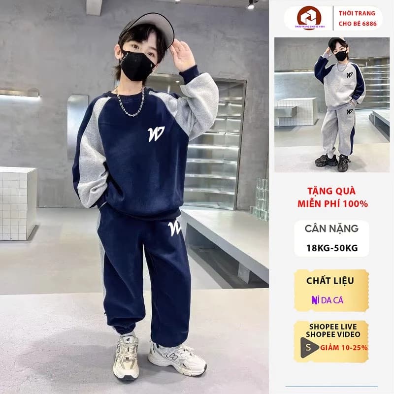 Quần áo dài tay thu đông bé trai, đồ bộ thu đông bé trai mẫu NY size 18-52kg chất nỉ dày dặn, bộ đồ bé trai, đồ bé trai