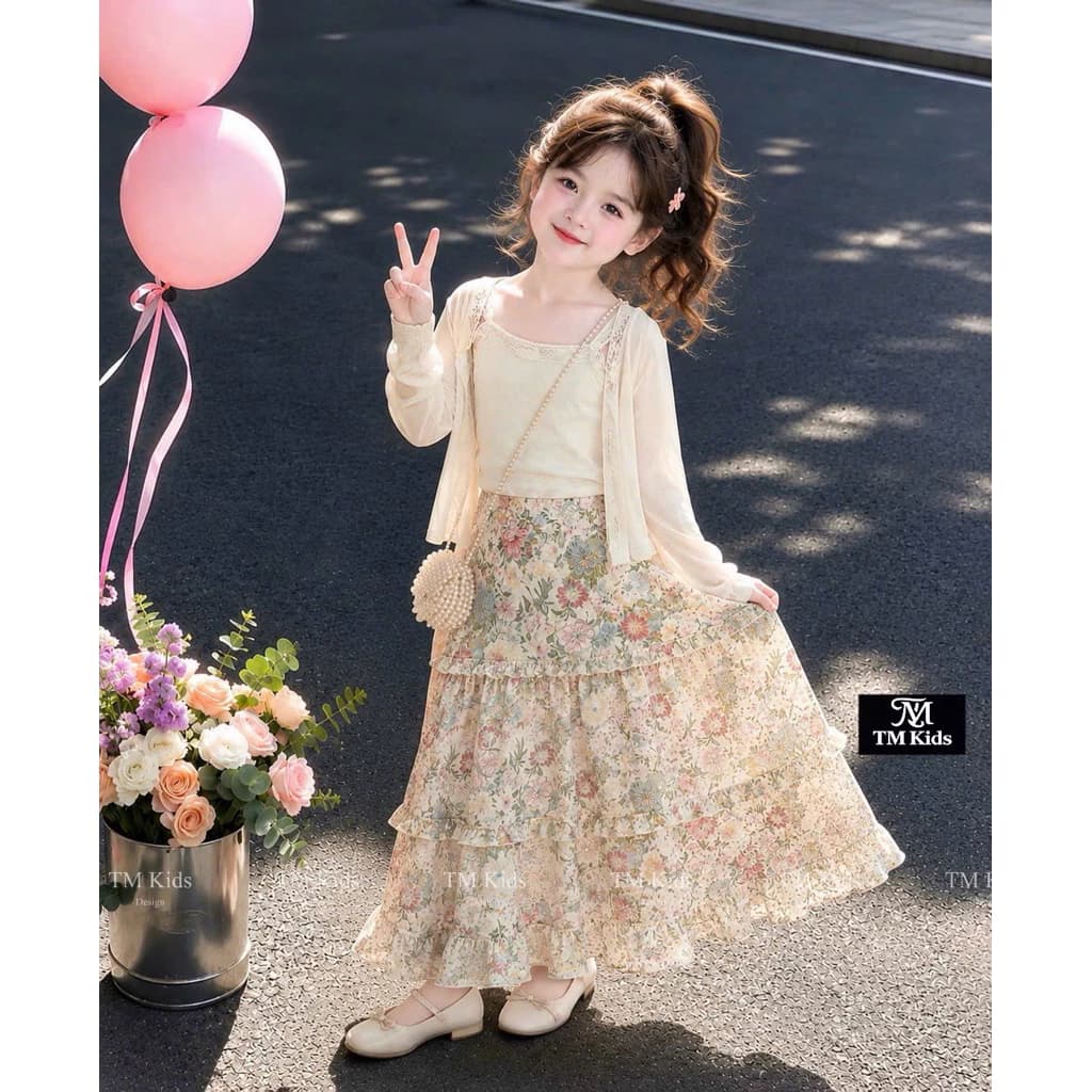 set váy maxi hoa kèm áo khoác cho bé (10-38kg)