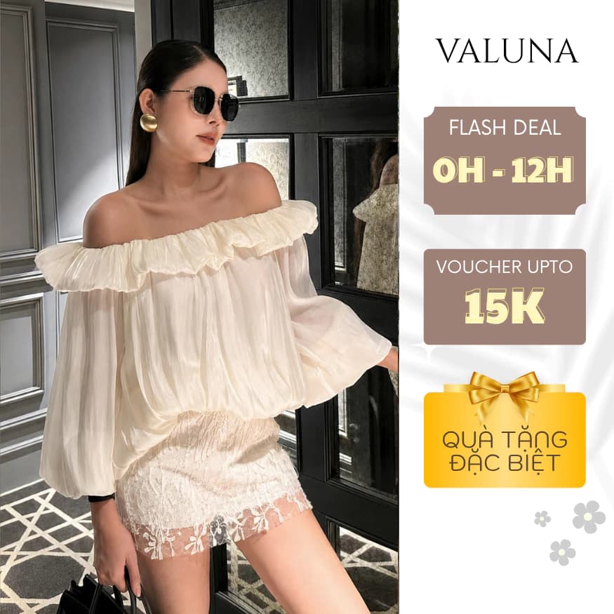 Set áo tơ trễ vai bèo phối chân váy ren lót tacta nữ tiểu thư sang trọng dự tiệc VALUNA STORE 2746
