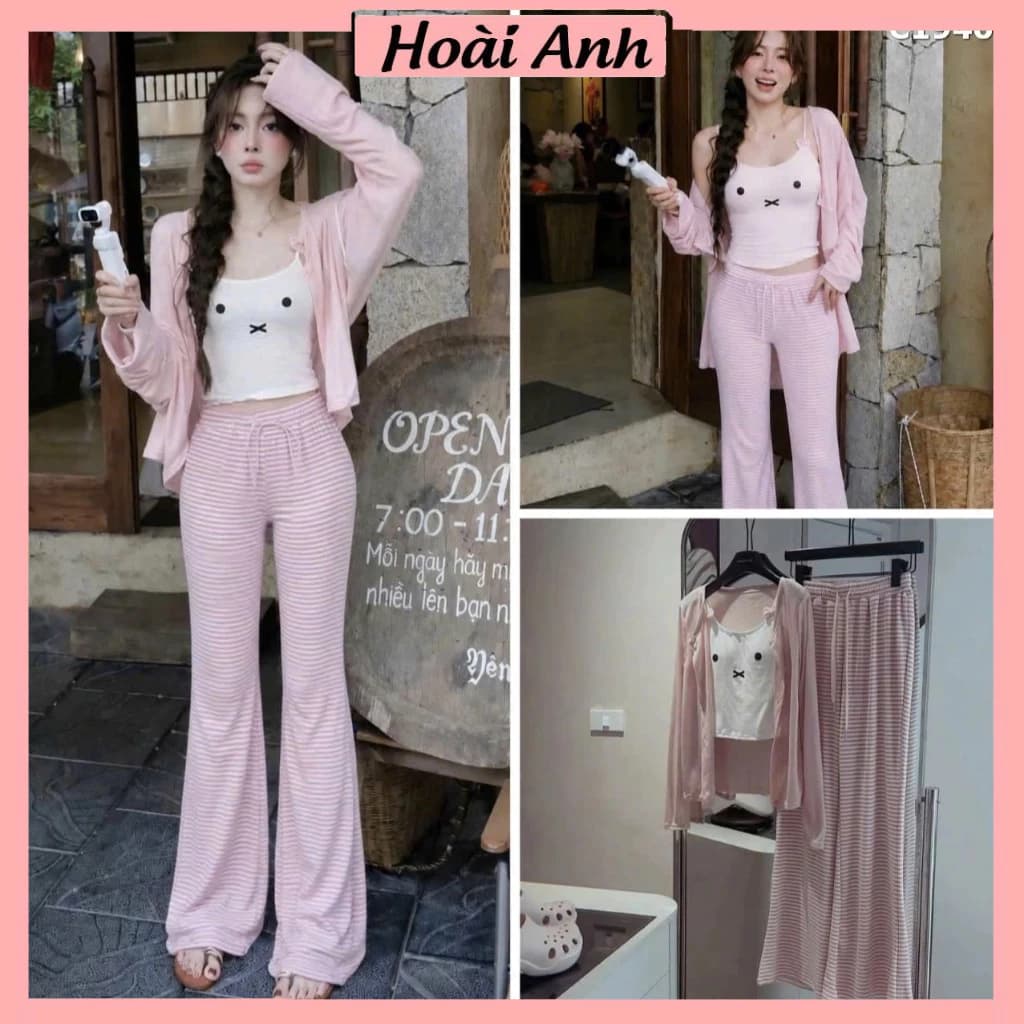 Set Bộ Đồ Nữ 3 Món Áo Khoác Cadigan Hồng Kèm Áo 2 Dây Trắng In Mèo Mix Quần Dài Kẻ Ngang Hồng Ống Loe