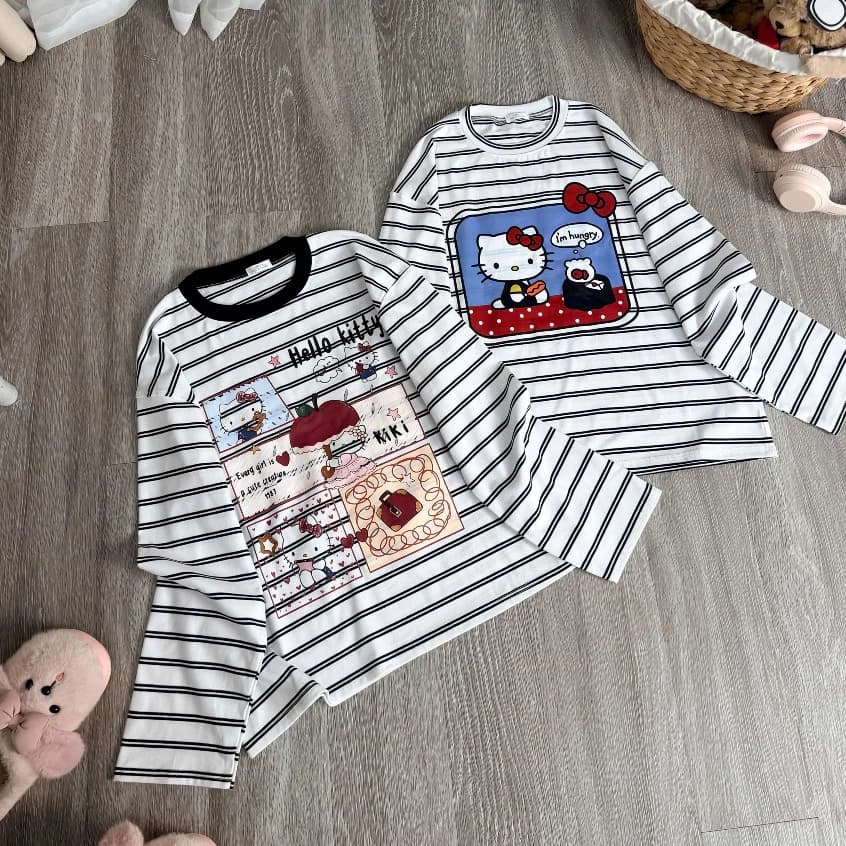 Áo thun cổ tròn dài tay Genzstudio kẻ in hình mèo nơ phong cách trẻ trung cá tính mặc hè thu đông