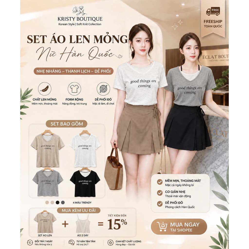 🌱 Áo Phông Nữ Cổ Tim Giả 2 Dây Good Things, Chất Thun Xước Mềm Mát Nhiều Màu 🌱
